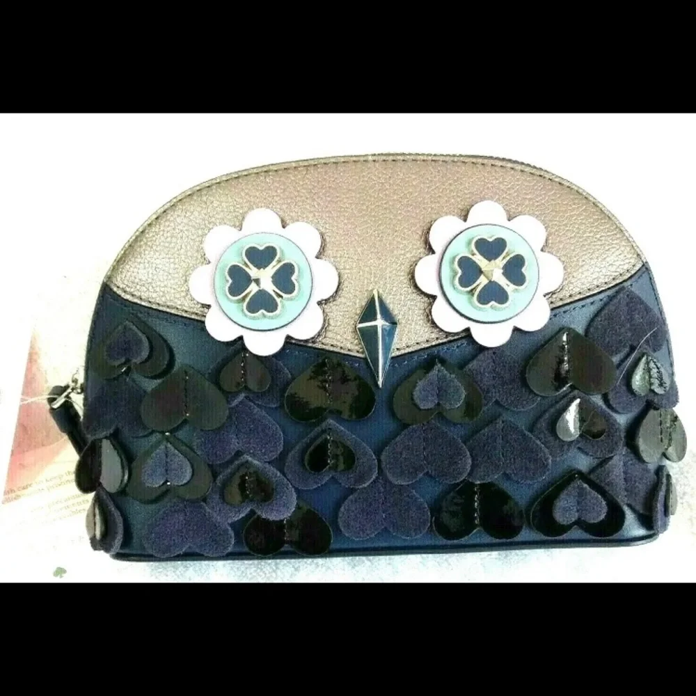 NEW Women Leather Kate Spade Medium Dome Cosmetic Blue Gray Lilac OWL, N…